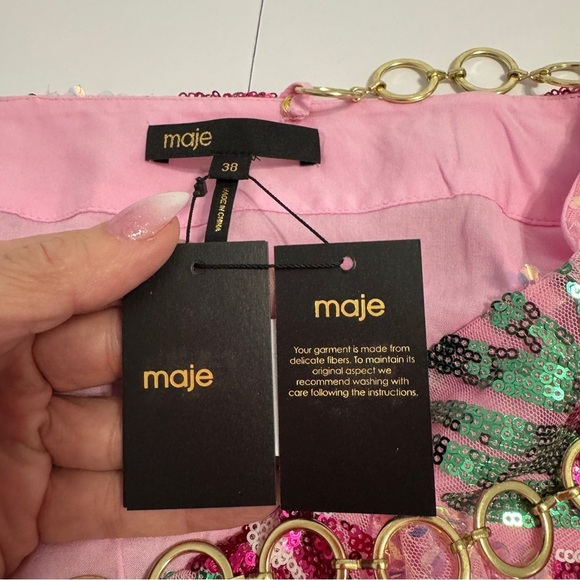 Maje Joustik Sequin Mini Skirt Hibiscus Floral Pink Gold Chain French 38/US M - Picture 6 of 9